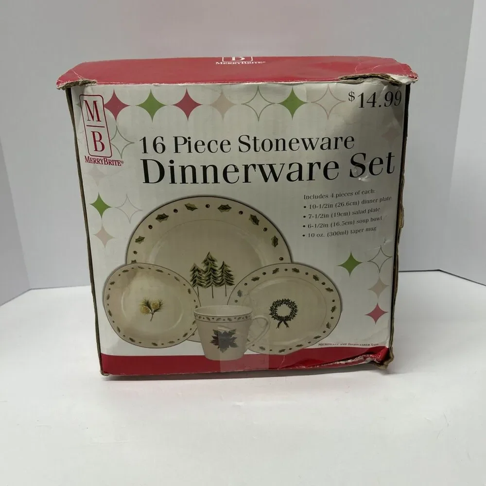 Merry Brite 16 Pc Christmas Stoneware Dinnerware Set Vintage Holiday Trees Box